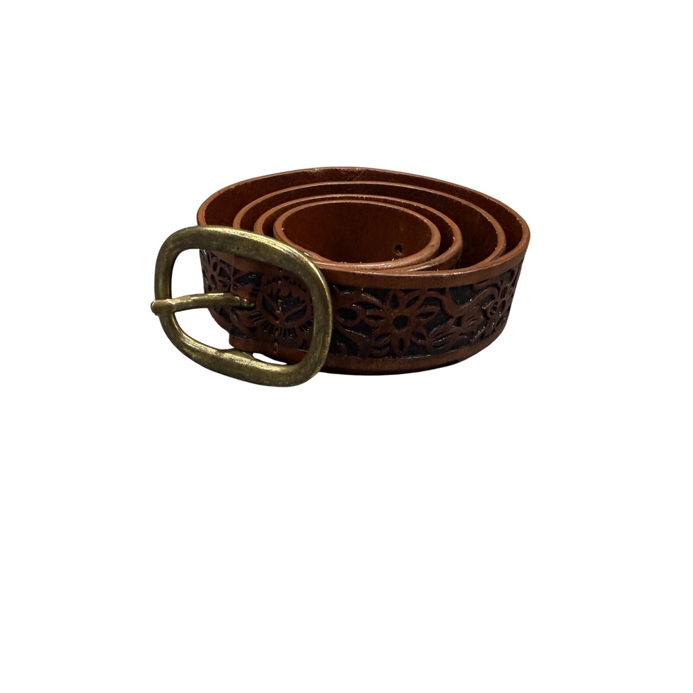 Dsquared2 Belt Womens 95 Brown Laser Cut Floral Leather Italian Brass Buckle
